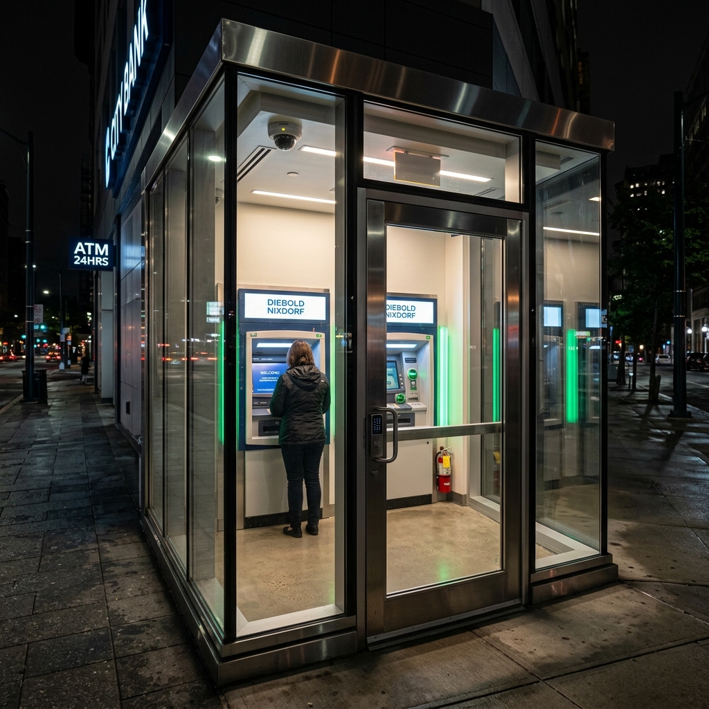 ATM vestibule security enclosure with impact-resistant laminated glass