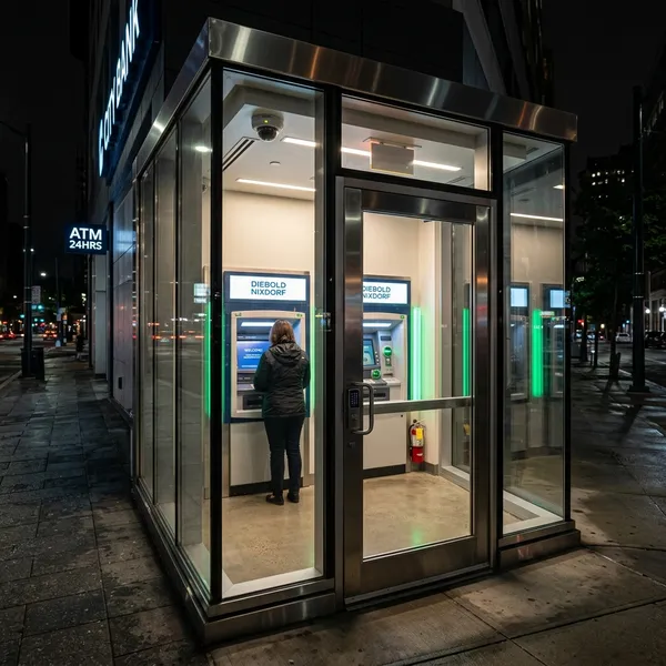ATM vestibule security enclosure with impact-resistant laminated glass