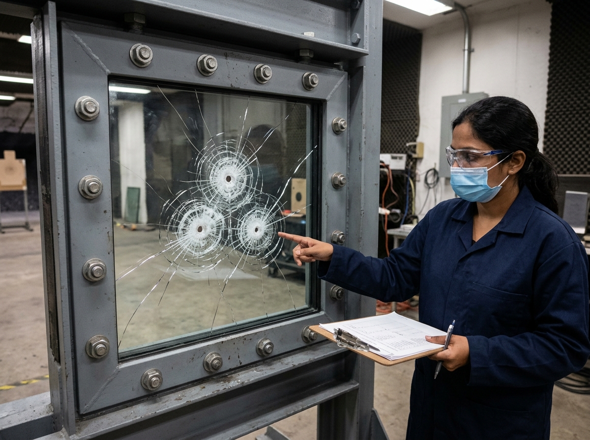 Ballistic impact test panel showing multi-hit rifle round containment with zero spall
