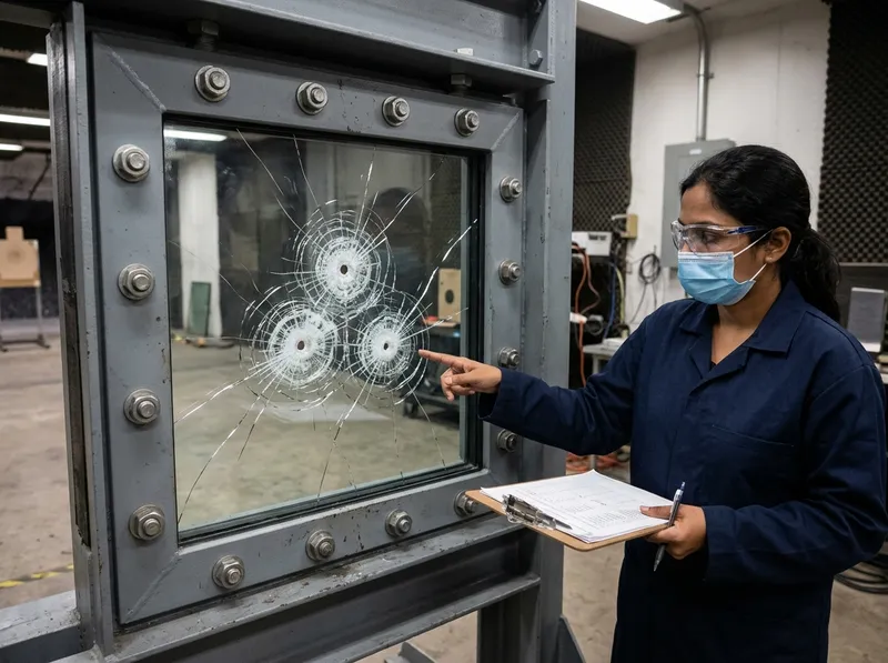 Ballistic impact test panel showing multi-hit rifle round containment with zero spall