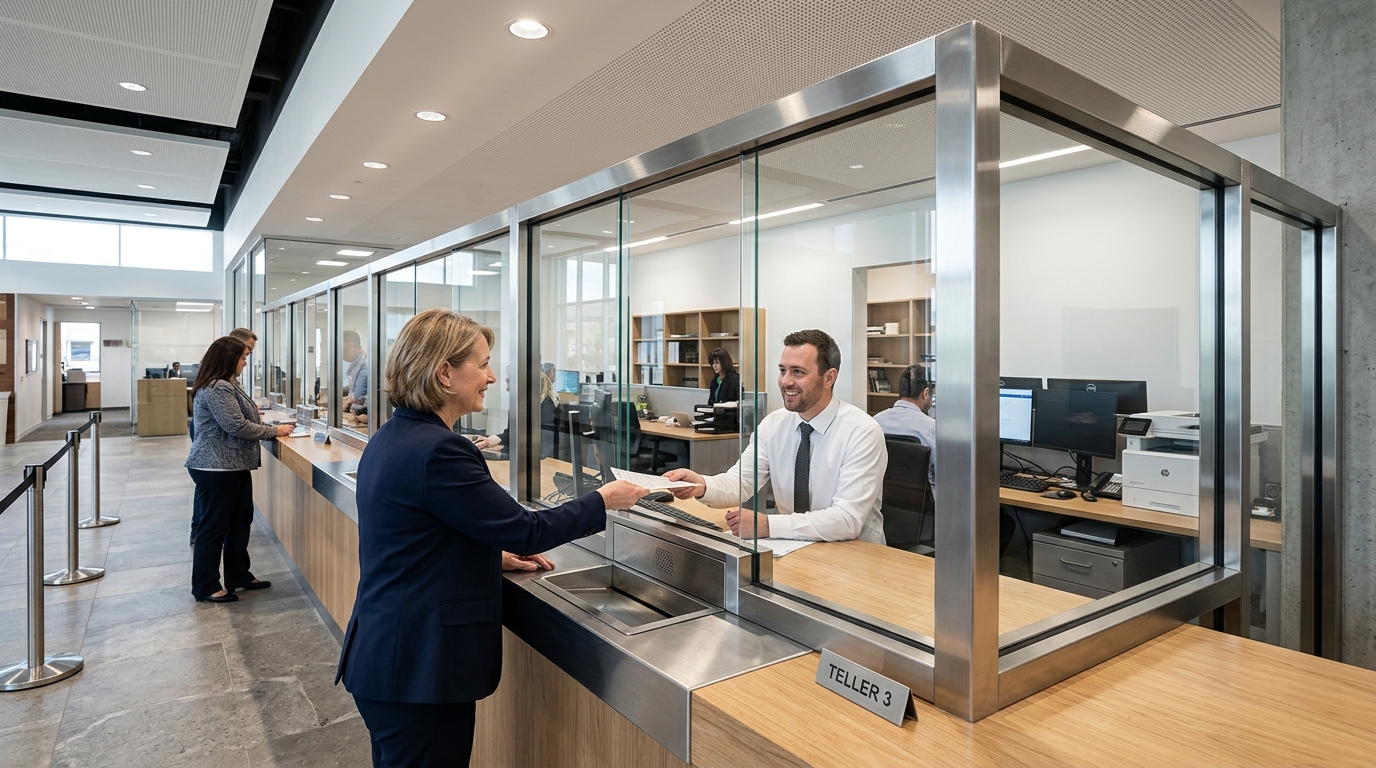 Bank teller security window with high-clarity ballistic glass barrier protecting staff