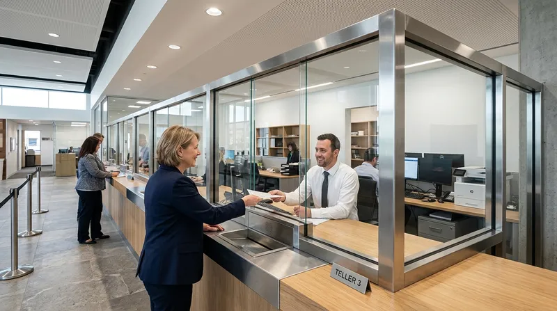 Bank teller security window with high-clarity ballistic glass barrier protecting staff
