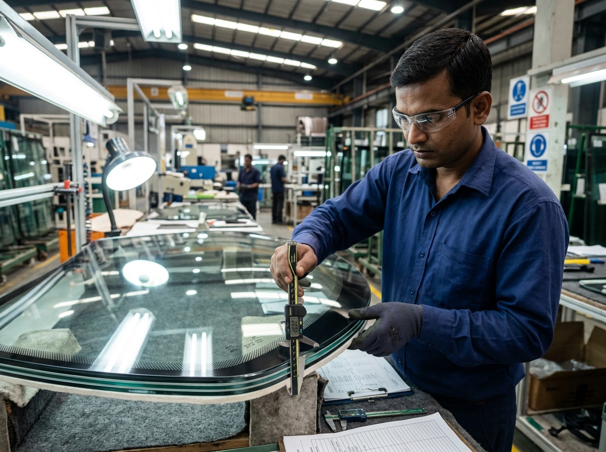 Quality inspection of custom curved bulletproof windshield for armored SUV