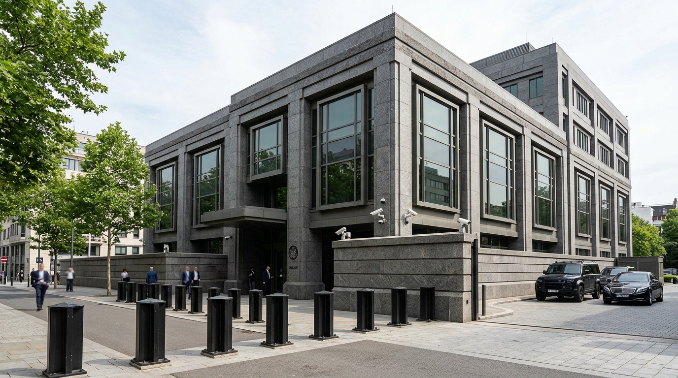 Embassy government building with architectural ballistic glass security facade