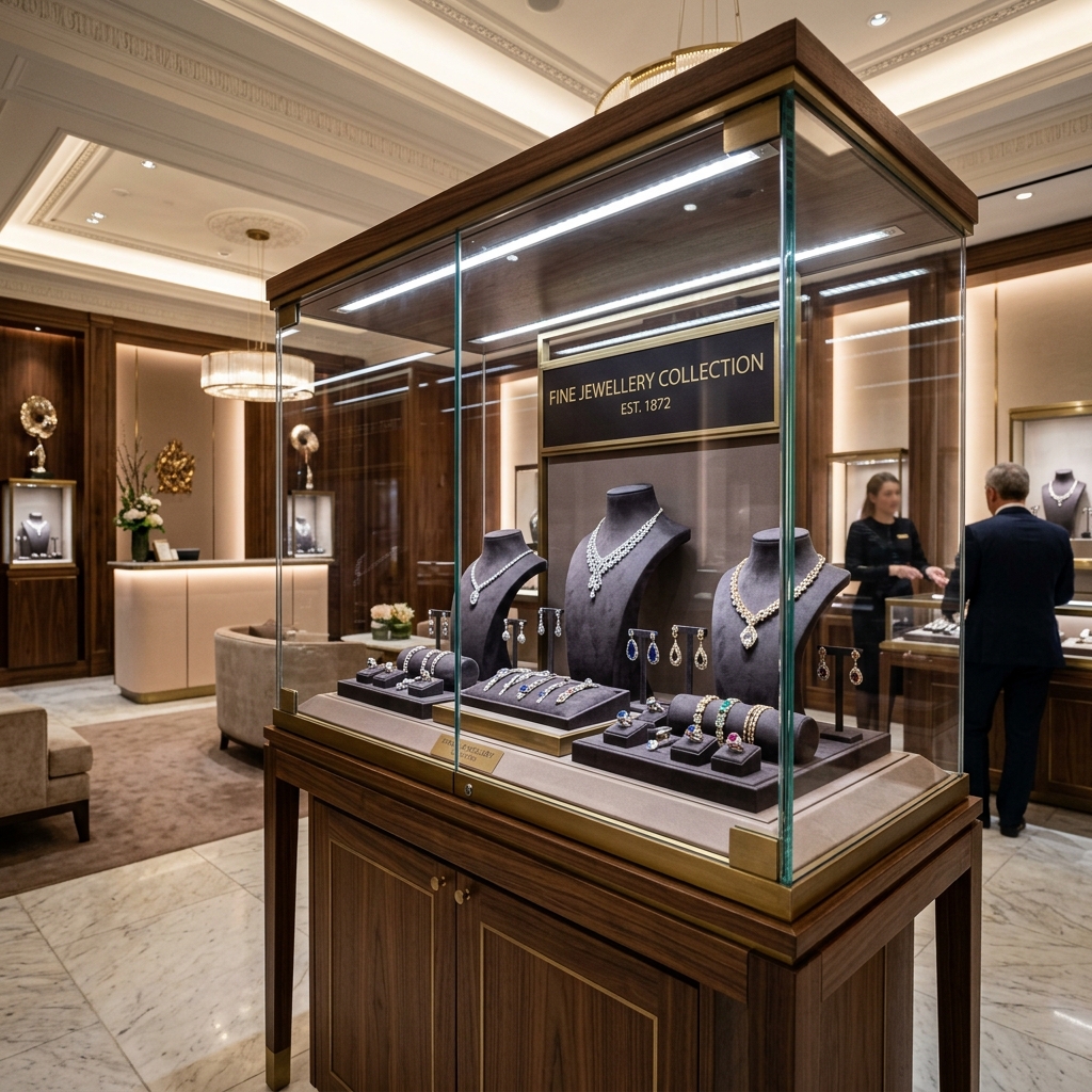 High-end jewellery boutique display case with anti-smash laminated security glass