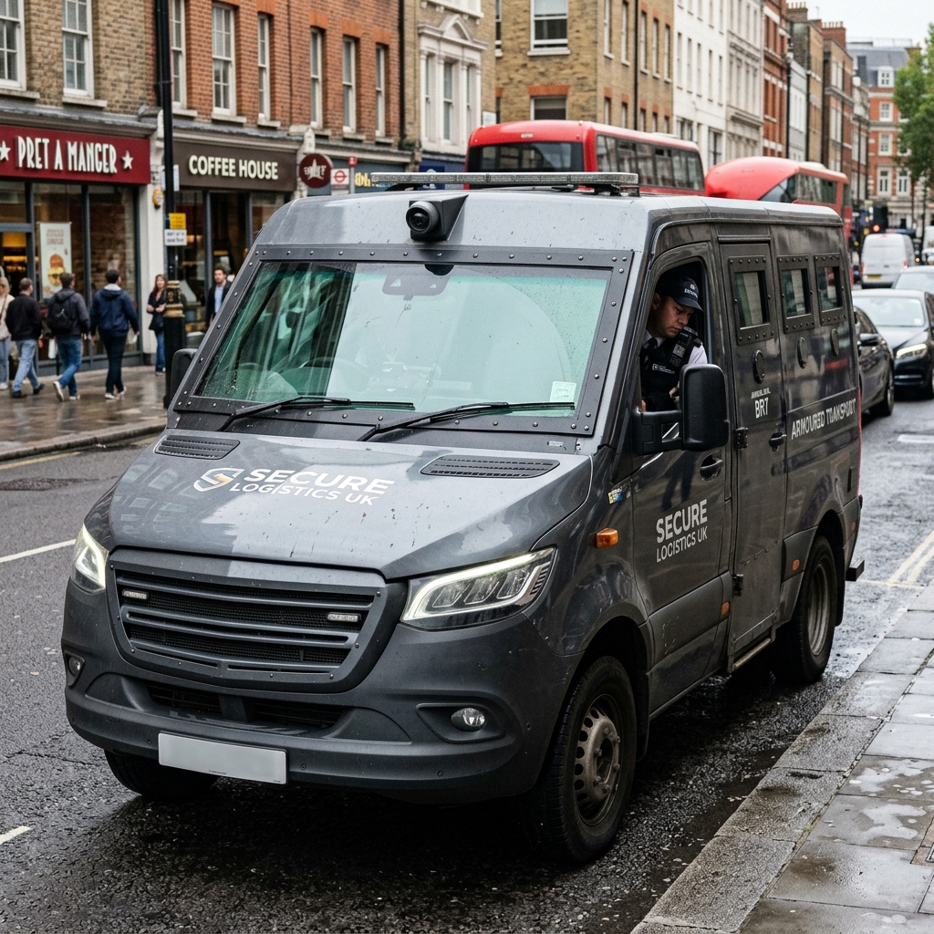 Armored cash transit van with curved bulletproof windshield for secure asset transport