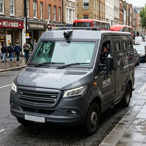 Armored cash transit van with curved bulletproof windshield for secure asset transport
